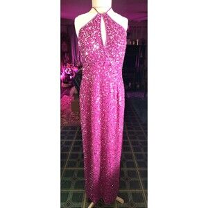 Vtg SCALA Silk Fuchsia Beaded Sequins HOCO Prom Dress Sz XL Halter Formal Party